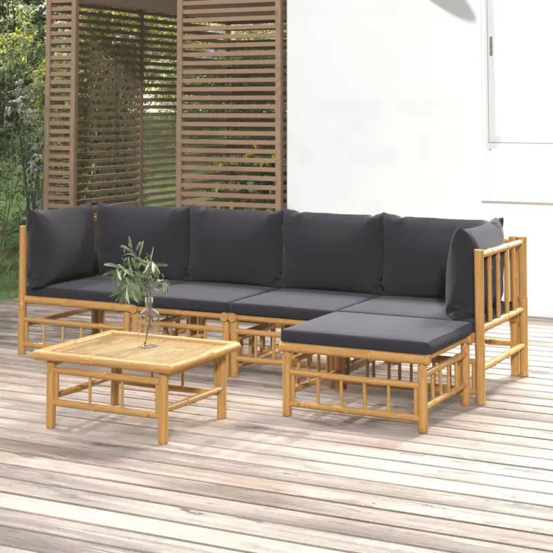Elegante bamboe tuinset met comfortabele afmeting zitting en rugkussen - Donkergrijs / 2x hoek + 2x midden