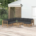 Elegante bamboe tuinset met comfortabele afmeting zitting en rugkussen - Donkergrijs / 3x hoek + 4x midden