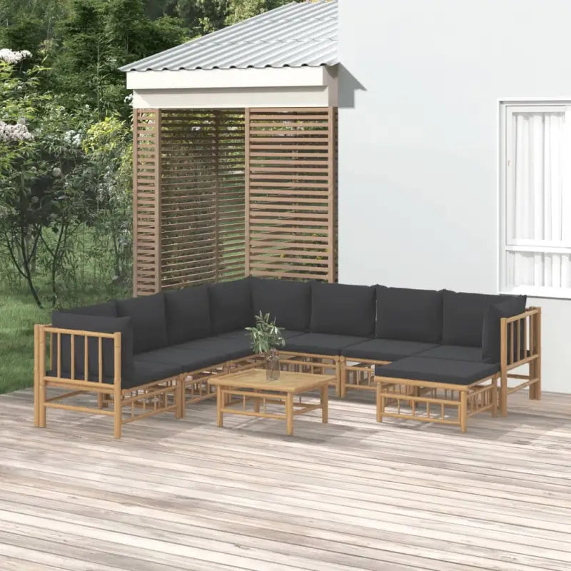 Elegante bamboe tuinset met comfortabele afmeting zitting en rugkussen - Donkergrijs / 3x hoek + 4x midden