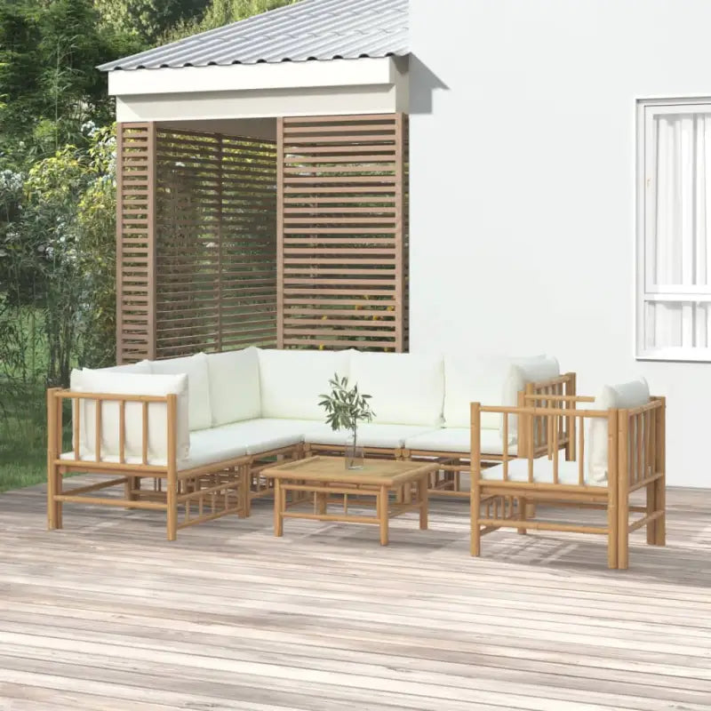 Elegante bamboe tuinset met comfortabele afmeting zitting en rugkussen - Crème / 3x hoek + 2x midden + stoel + Tafel