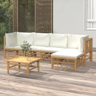 Elegante bamboe tuinset met comfortabele afmeting zitting en rugkussen - Crème / 2x hoek + 2x midden + voetensteun