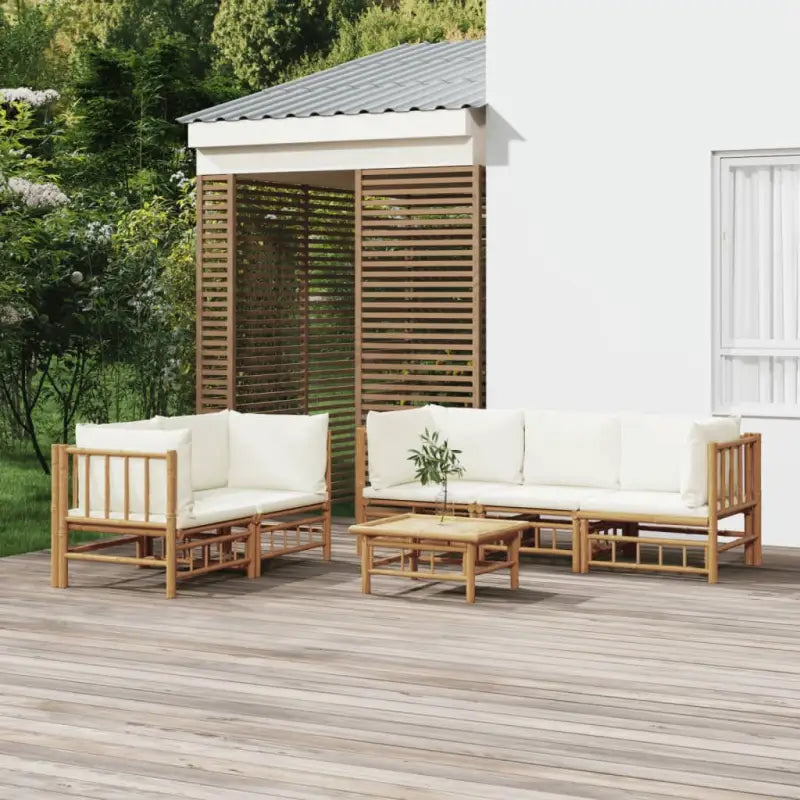 Elegante bamboe tuinset met comfortabele afmeting zitting en rugkussen - Crème / 4x hoek + midden + Tafel - Tuinsets