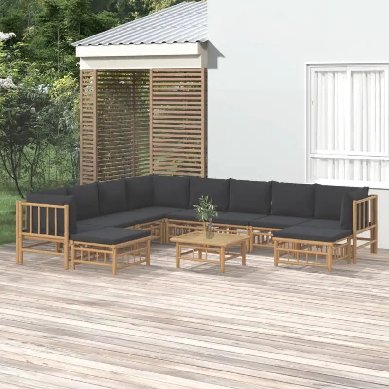 Elegante bamboe tuinset met comfortabele afmeting zitting en rugkussen - Donkergrijs / 3x hoek + 5x midden + 2x