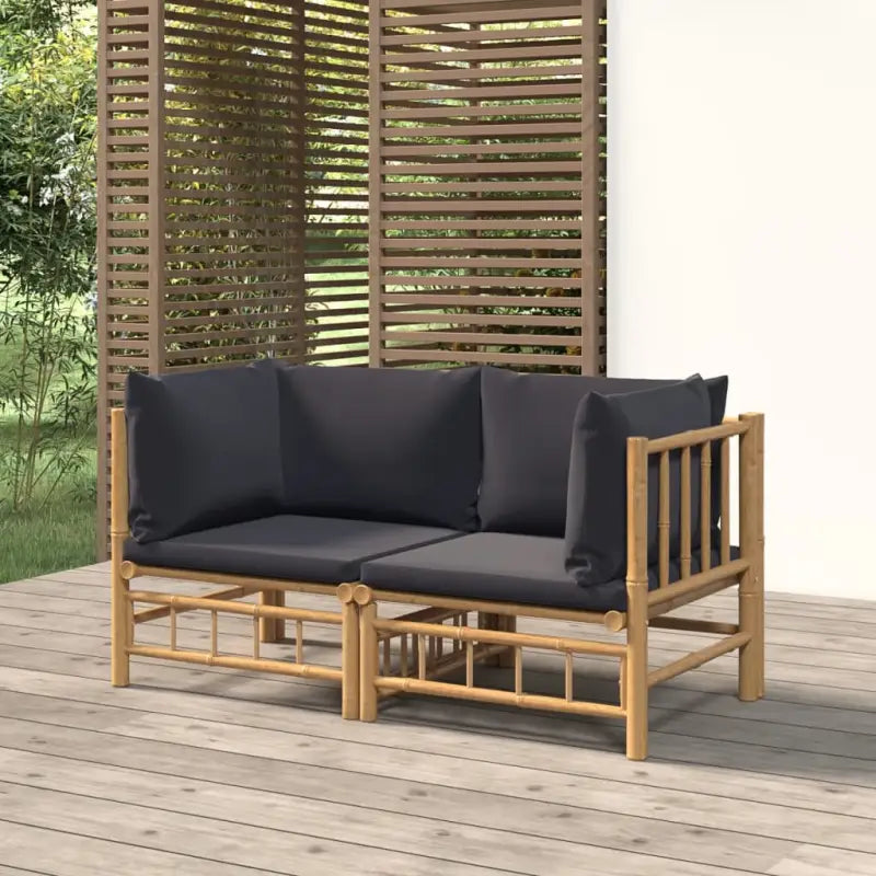 Elegante bamboe tuinset met comfortabele afmeting zitting en rugkussen - Donkergrijs / 2x hoek - Tuinsets
