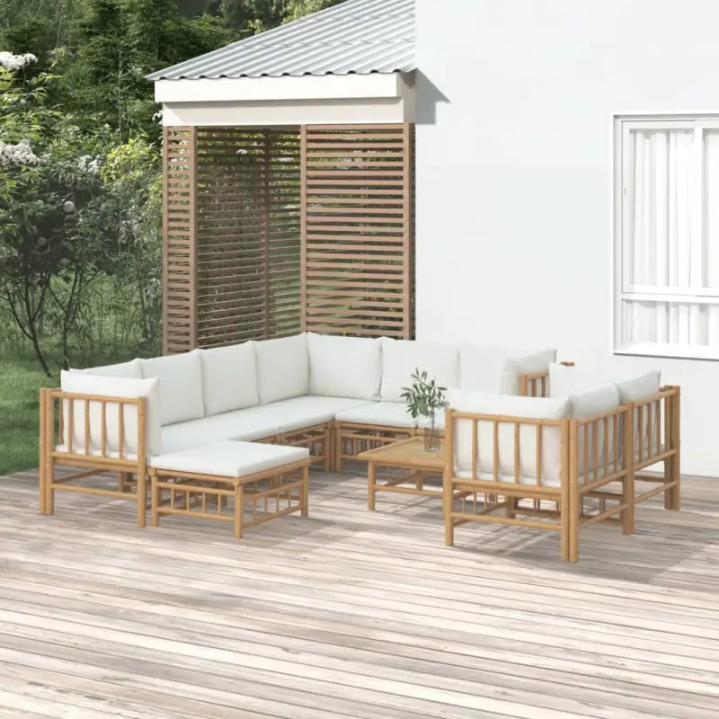 Elegante bamboe tuinset met comfortabele afmeting zitting en rugkussen - Crème / 5x hoek + 3x midden + voetensteun