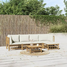 Elegante bamboe tuinset met comfortabele afmeting zitting en rugkussen - Crème / 2x midden + 2x hoek + voetensteun