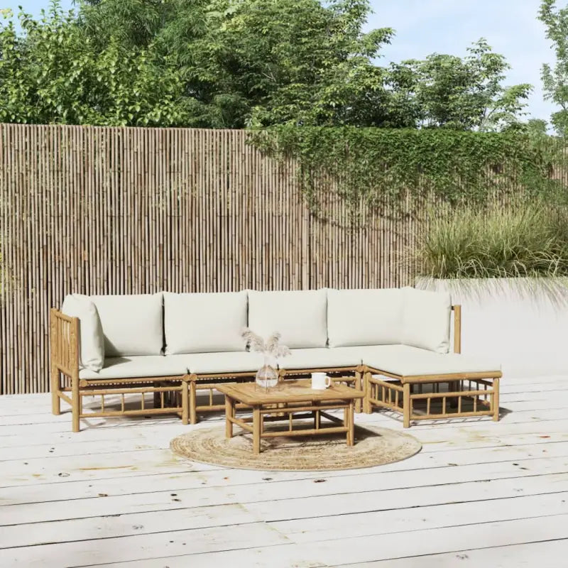 Elegante bamboe tuinset met comfortabele afmeting zitting en rugkussen - Crème / 2x midden + 2x hoek + voetensteun