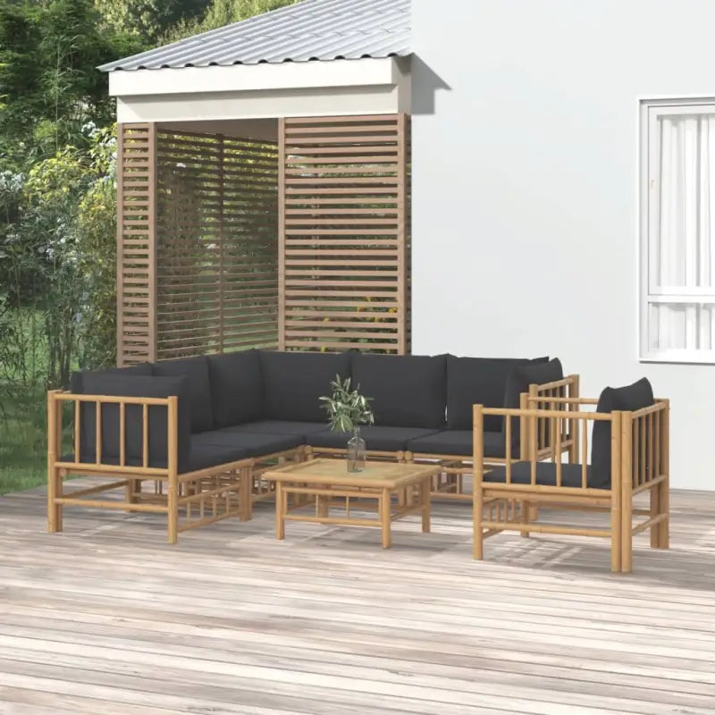 Elegante bamboe tuinset met comfortabele afmeting zitting en rugkussen - Donkergrijs / 3x hoek + 2x midden + stoel