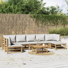 Elegante bamboe tuinset met comfortabele afmetingen en rugkussen - Lichtgrijs / 2x hoek + 4x midden + voetensteun