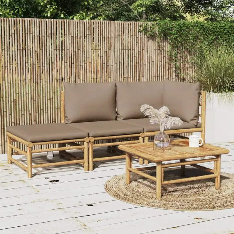 Elegante bamboe tuinset met comfortabele afmetingen en rugkussen - Taupe / hoek + midden + voetensteun - Tuinsets