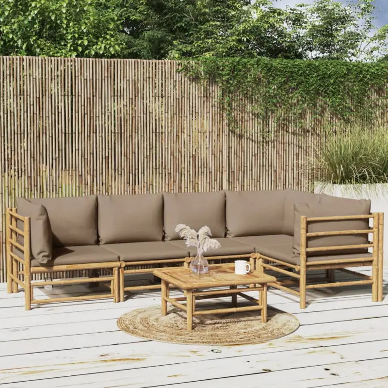 Elegante bamboe tuinset met comfortabele afmetingen en rugkussen - Taupe / 3x hoek + 2x stoel + Tafel - Tuinsets