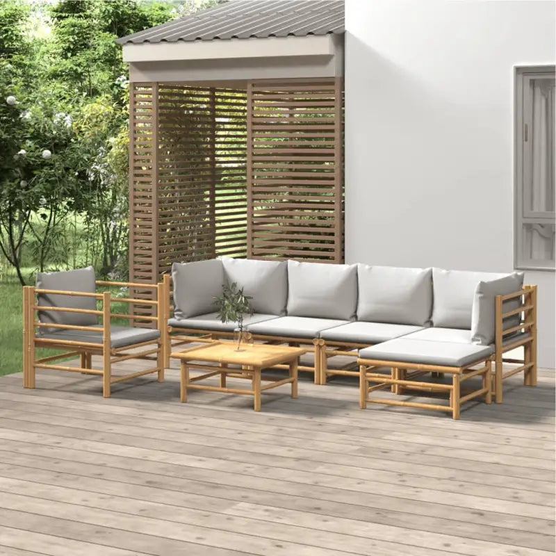 Elegante bamboe tuinset met comfortabele afmetingen en rugkussen - Lichtgrijs / 2x corner + 2x middle + chair