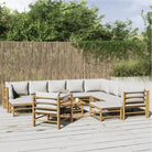 Elegante bamboe tuinset met comfortabele afmetingen en rugkussen - Lichtgrijs / 3x hoek + 5x midden + 2x voetensteun