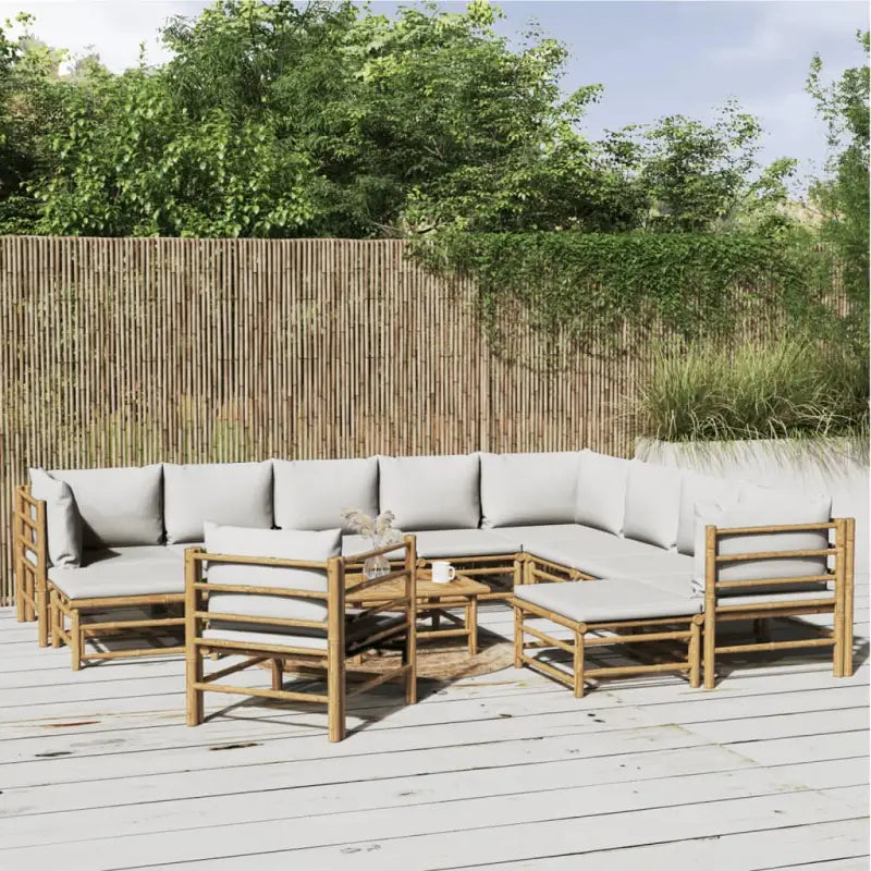 Elegante bamboe tuinset met comfortabele afmetingen en rugkussen - Lichtgrijs / 3x hoek + 5x midden + 2x voetensteun