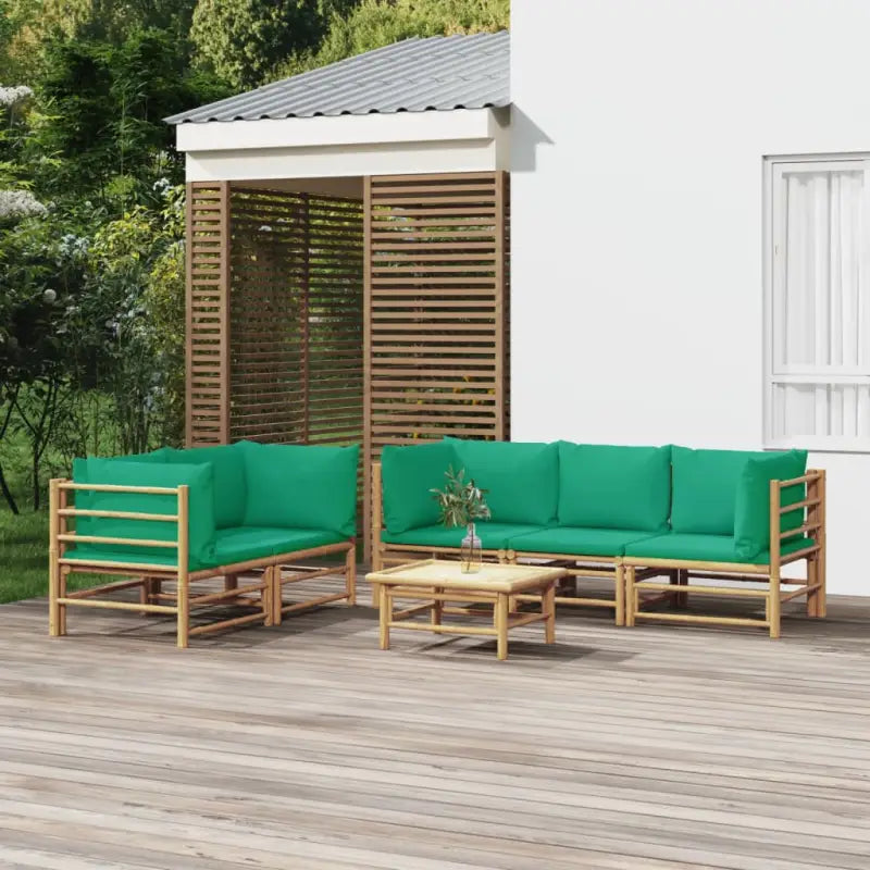 Elegante bamboe tuinset met comfortabele afmetingen en rugkussen - Groen / 4x hoek + midden + Tafel - Tuinsets