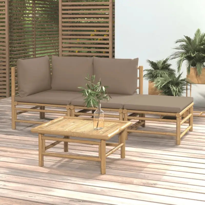 Elegante bamboe tuinset met comfortabele afmetingen en rugkussen - Taupe / hoek + midden + voetensteun + Tafel