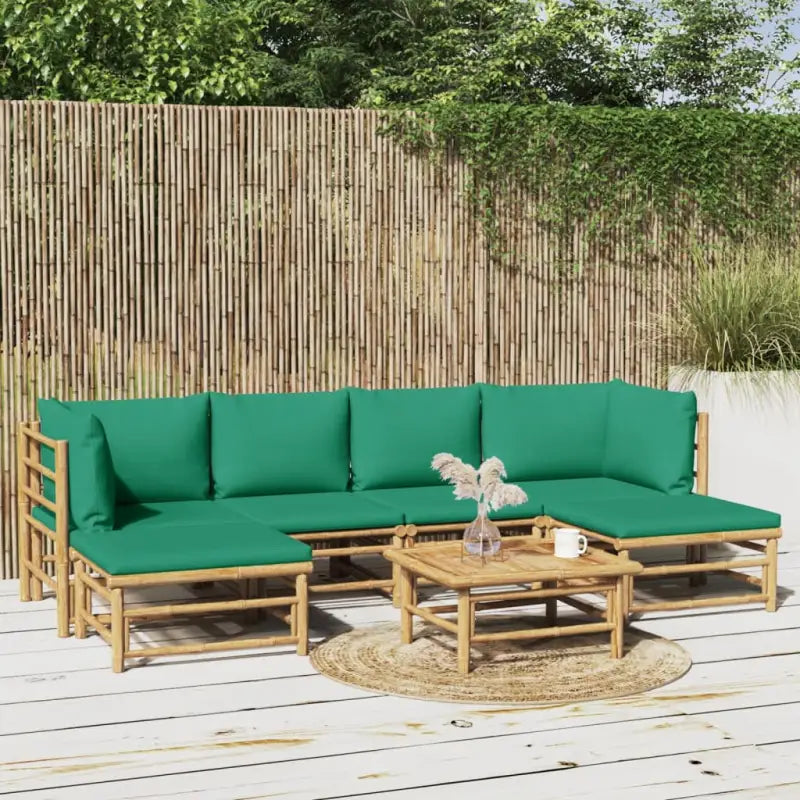Elegante bamboe tuinset met comfortabele afmetingen en rugkussen - Groen / 2x hoek + 2x midden + 2x voetensteun + Tafel