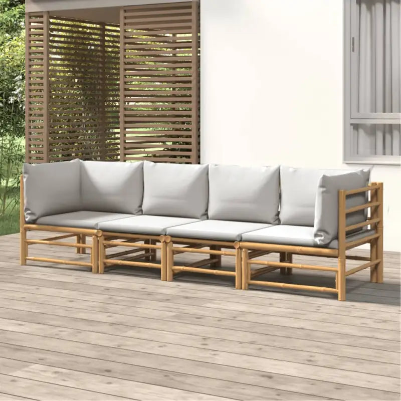 Elegante bamboe tuinset met comfortabele afmetingen en rugkussen - Lichtgrijs / 2x hoek + 2x midden - Tuinsets