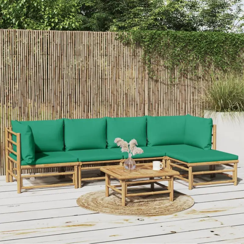 Elegante bamboe tuinset met comfortabele afmetingen en rugkussen - Groen / 2x hoek + 2x midden + Tafel + voetensteun