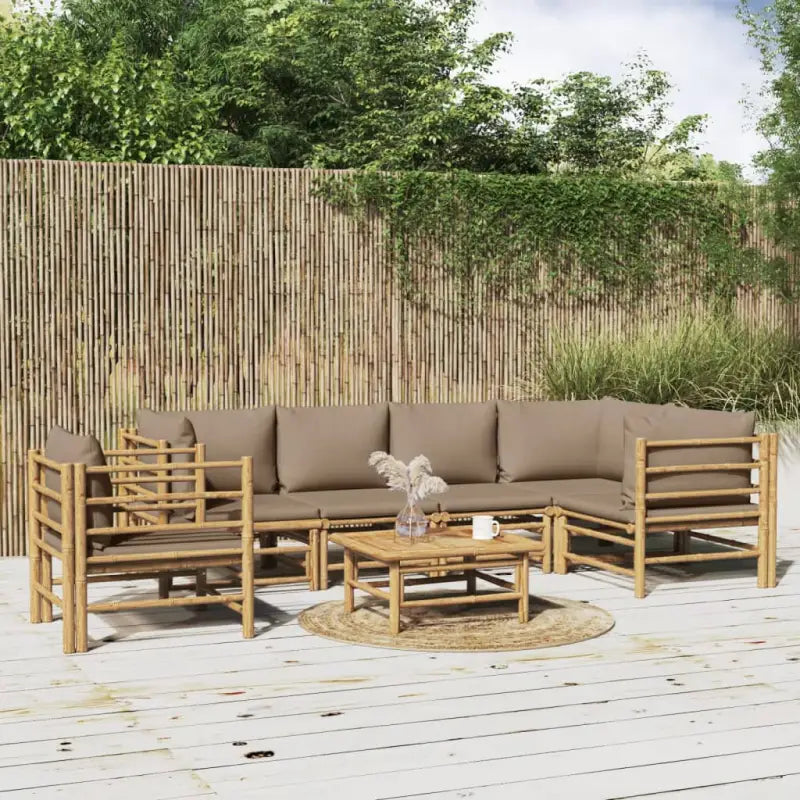 Elegante bamboe tuinset met comfortabele afmetingen en rugkussen - Taupe / 3x hoek + 2x midden + stoel + Tafel