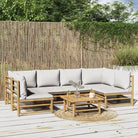 Elegante bamboe tuinset met comfortabele afmetingen en rugkussen - Lichtgrijs / 2x corner + 4x chair + table - Tuinsets
