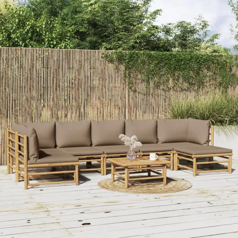 Elegante bamboe tuinset met comfortabele afmetingen en rugkussen - Taupe / 2x hoek + 4x midden + voetensteun + Tafel