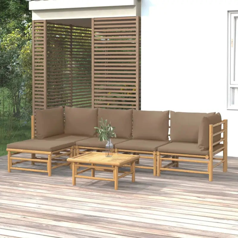 Elegante bamboe tuinset met comfortabele afmetingen en rugkussen - Taupe / 2x hoek + 2x midden + voetensteun + Tafel