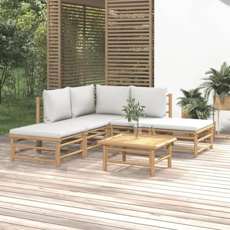 Elegante bamboe tuinset met comfortabele afmetingen en rugkussen - Lichtgrijs / hoek + 2x midden + 2x voetensteun