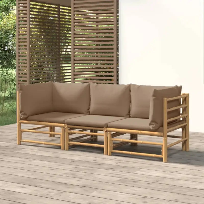 Elegante bamboe tuinset met comfortabele afmetingen en rugkussen - Taupe / 2x hoek + midden - Tuinsets