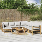 Elegante bamboe tuinset met comfortabele afmetingen en rugkussen - Lichtgrijs / 3x hoek + 4x midden + voetensteun
