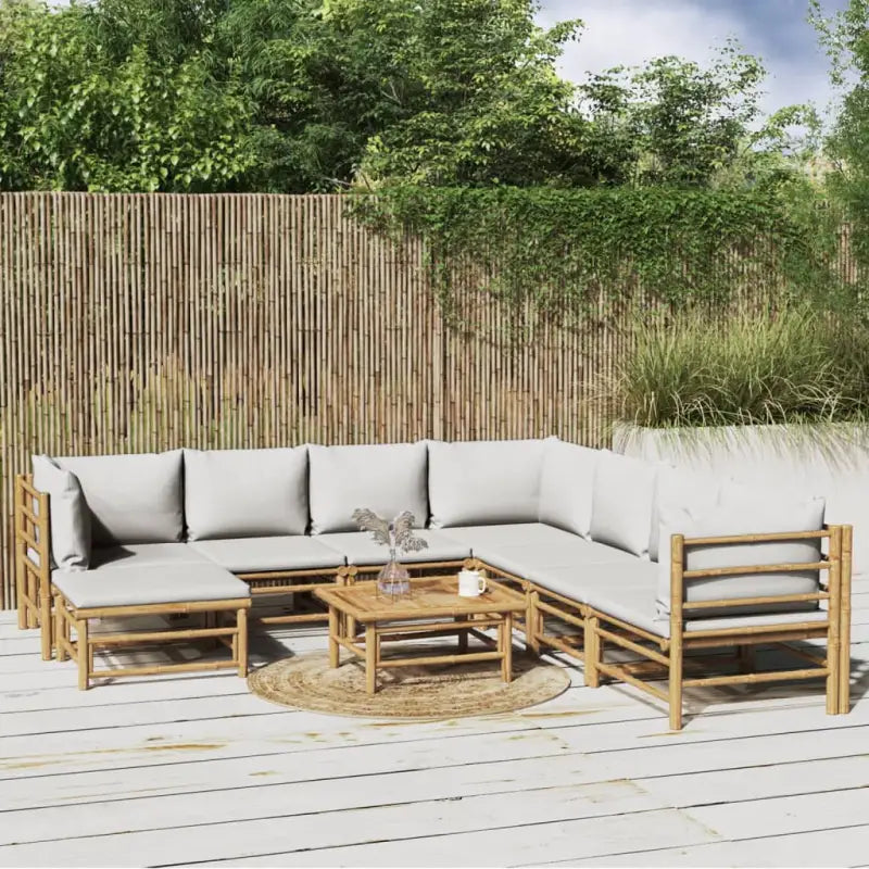 Elegante bamboe tuinset met comfortabele afmetingen en rugkussen - Lichtgrijs / 3x hoek + 4x midden + voetensteun