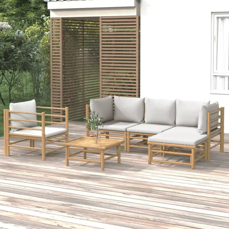 Elegante bamboe tuinset met comfortabele afmetingen en rugkussen - Lichtgrijs / 2x corner + middle + chair + footrest