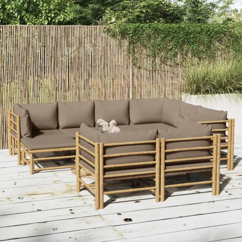 Elegante bamboe tuinset met comfortabele afmetingen en rugkussen - Taupe / 5x hoek + 3x midden + voetensteun + Tafel