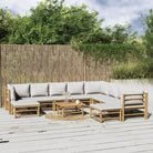 Elegante bamboe tuinset met comfortabele afmetingen en rugkussen - Lichtgrijs / 3x hoek + 5x midden + 2x voetensteun