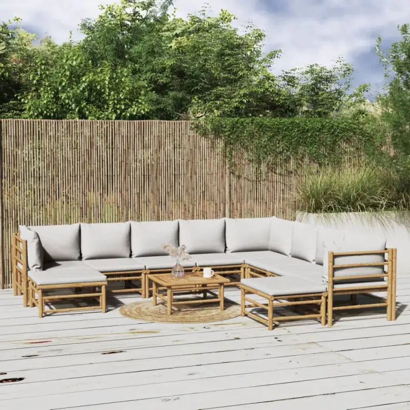 Elegante bamboe tuinset met comfortabele afmetingen en rugkussen - Lichtgrijs / 3x hoek + 5x midden + 2x voetensteun