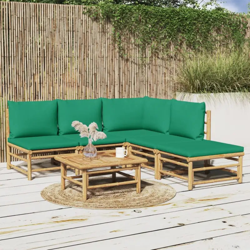 Elegante bamboe tuinset met comfortabele afmetingen en rugkussen - Groen / hoek + 3x midden + voetensteun + Tafel