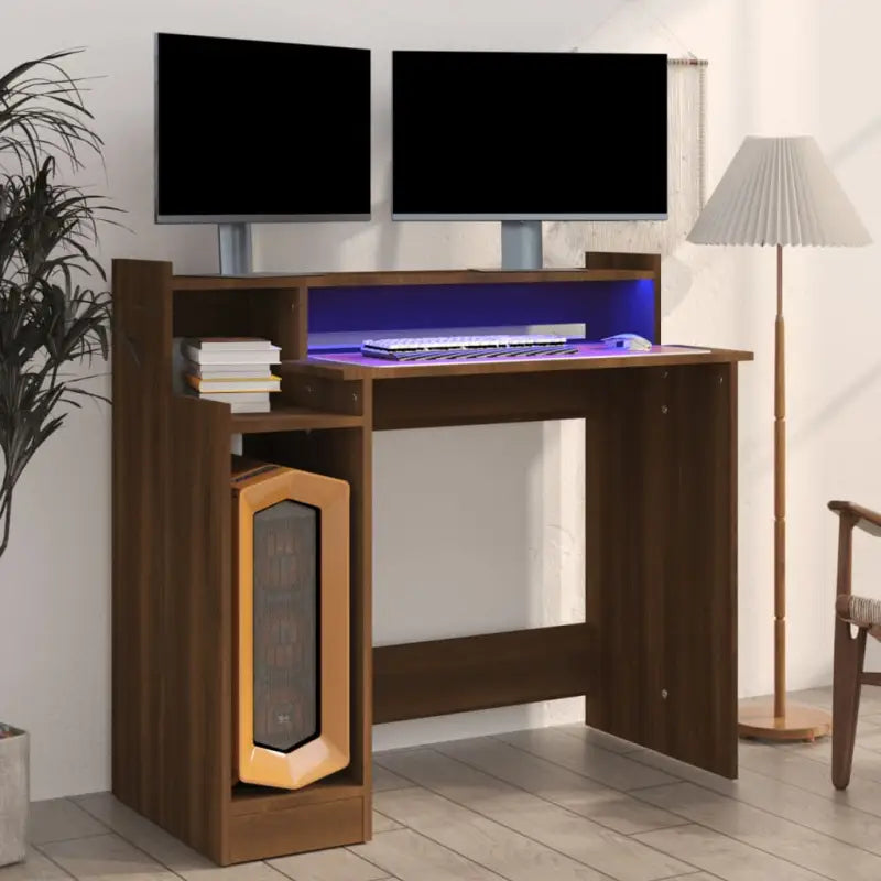 Elegante bureau met praktisch ontwerp en LED-verlichting voor moderne interieurs - bruin eikenkleur - Bureaus
