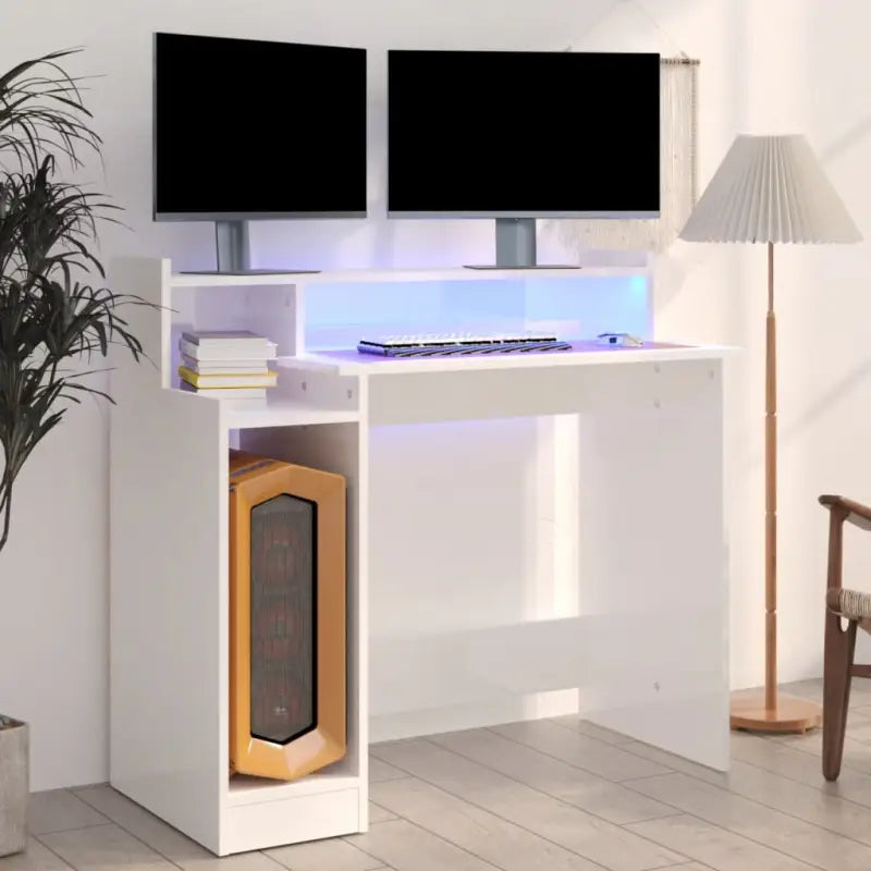 Elegante bureau met praktisch ontwerp en LED-verlichting voor moderne interieurs - Hoogglans wit - Bureaus