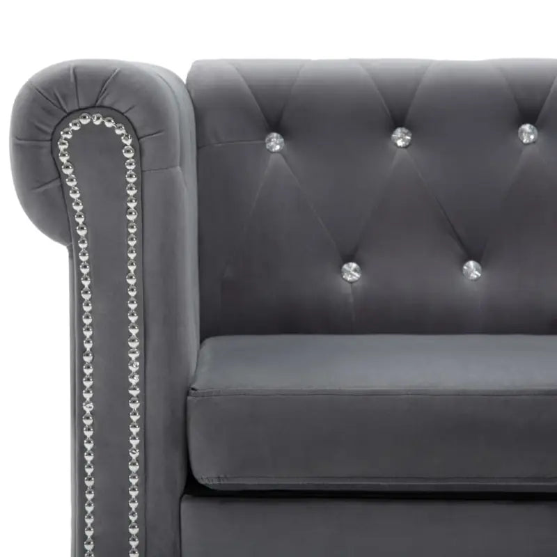 Elegante Chesterfield bank met houten frame en kristallen knopen - Grijs / L-vormig - Banken
