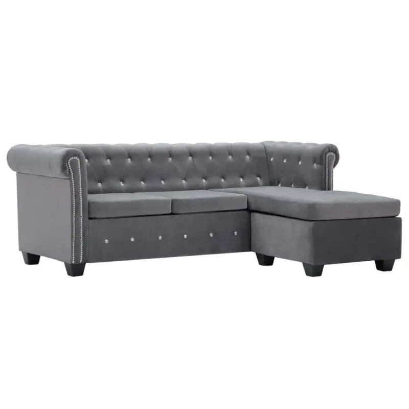 Elegante Chesterfield bank met houten frame en kristallen knopen - Grijs / L-vormig - Banken