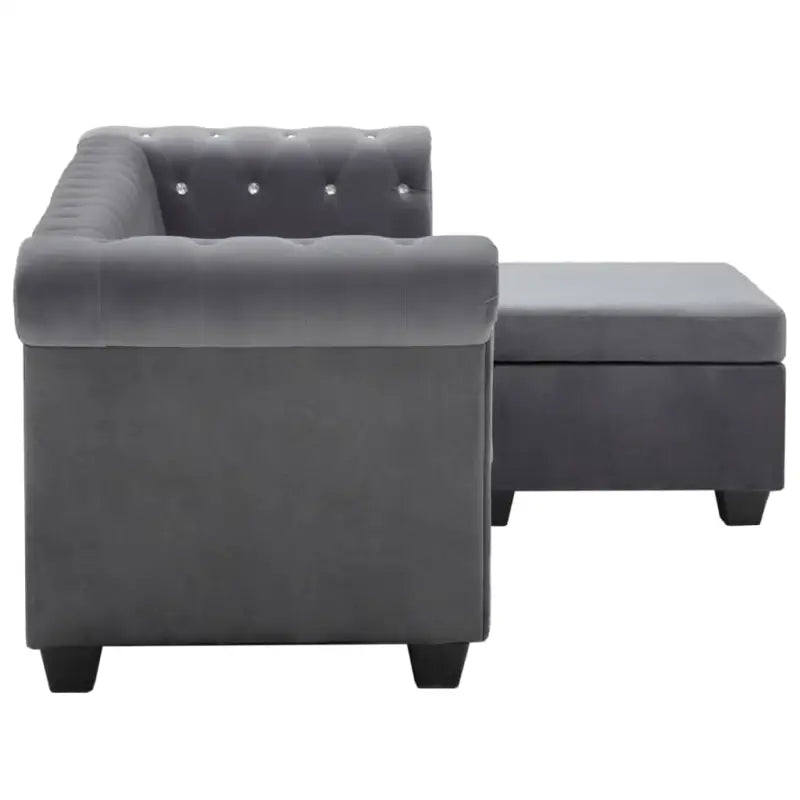 Elegante Chesterfield bank met houten frame en kristallen knopen - Grijs / L-vormig - Banken