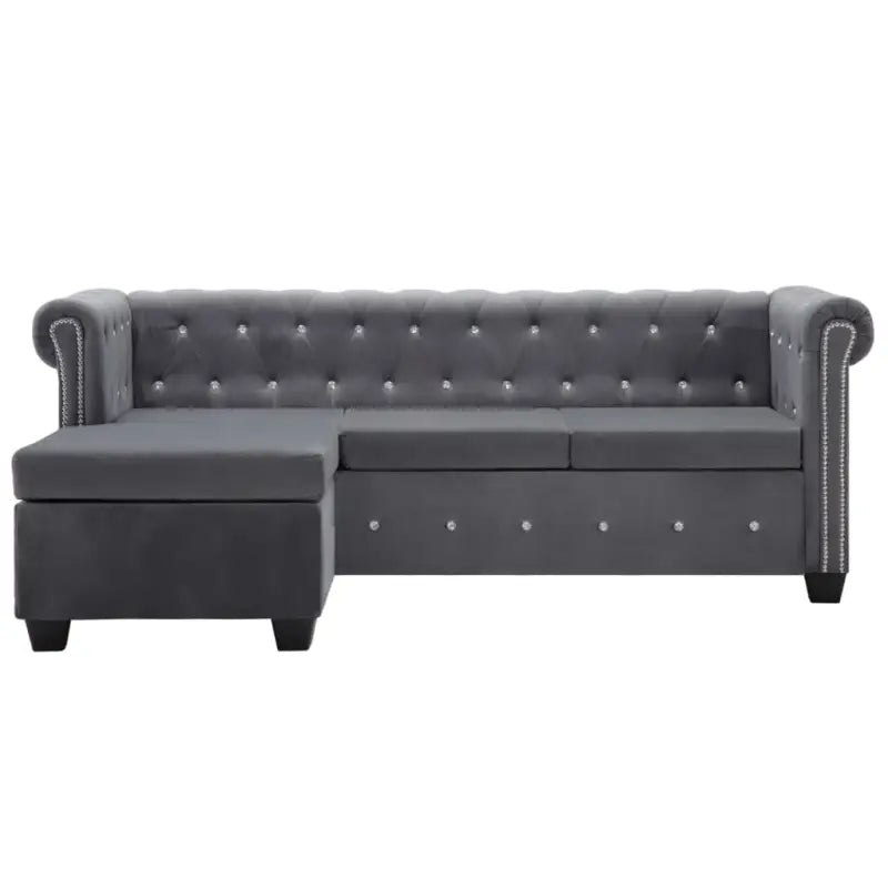 Elegante Chesterfield bank met houten frame en kristallen knopen - Grijs / L-vormig - Banken