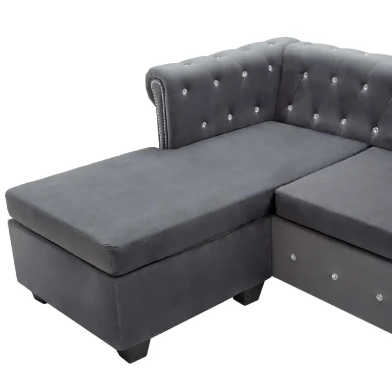 Elegante Chesterfield bank met houten frame en kristallen knopen - Grijs / L-vormig - Banken