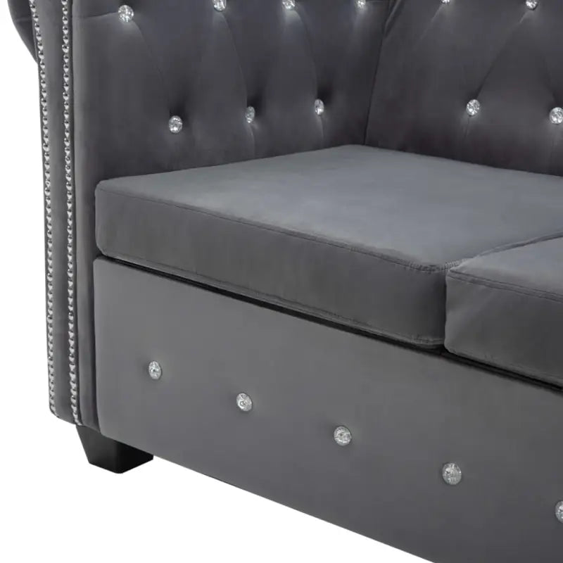 Elegante Chesterfield bank met houten frame en kristallen knopen - Grijs / L-vormig - Banken