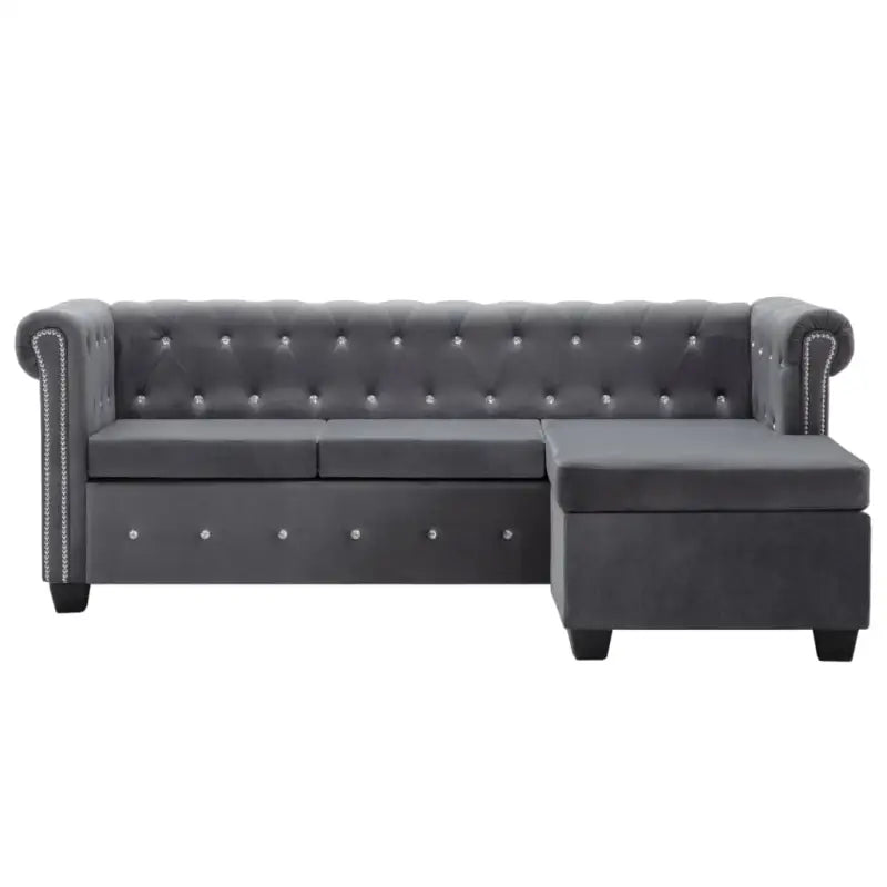 Elegante Chesterfield bank met houten frame en kristallen knopen - Grijs / L-vormig - Banken