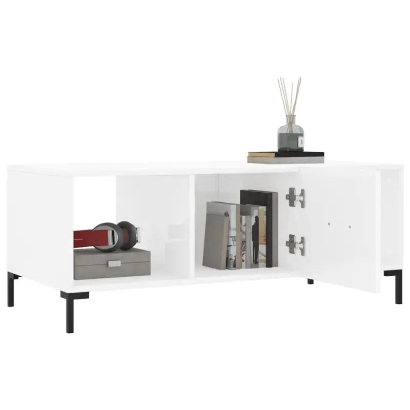 Elegante salontafel met bewerkt hout en ijzeren poten in hoogglans wit - Salontafels
