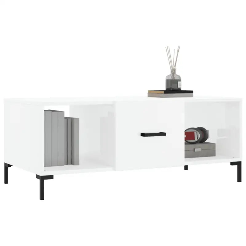 Elegante salontafel met bewerkt hout en ijzeren poten in hoogglans wit - Salontafels