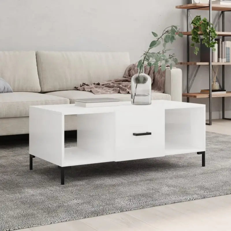 Elegante salontafel met bewerkt hout en ijzeren poten in hoogglans wit - Salontafels