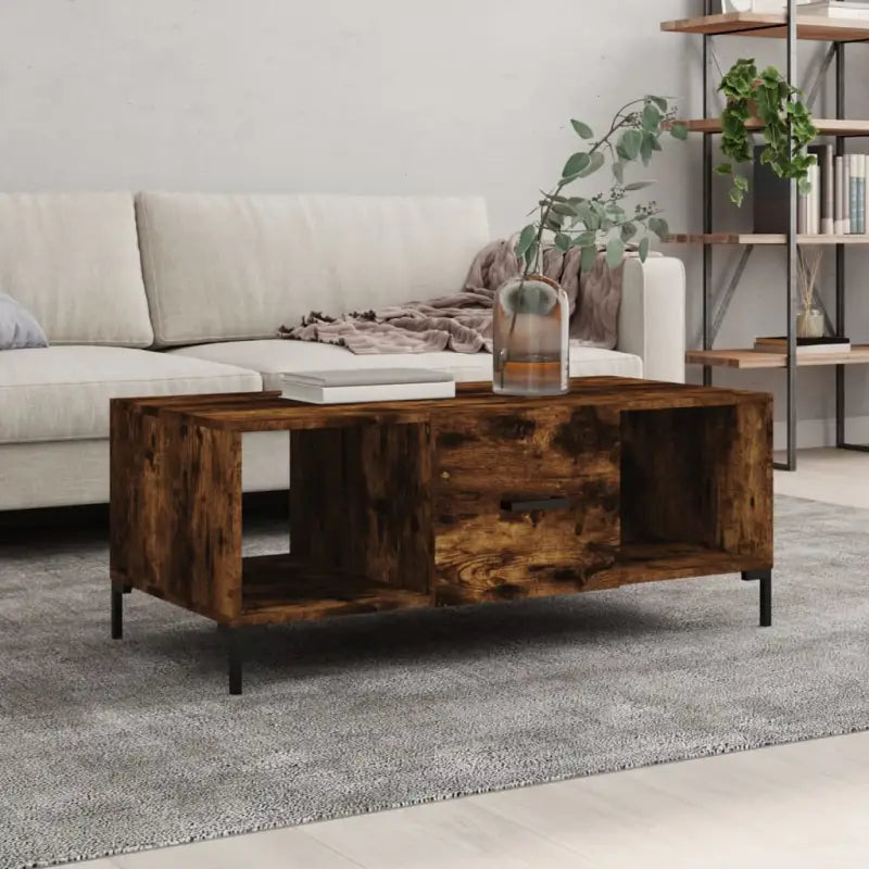 Elegante salontafel met bewerkt hout en ijzeren poten in hoogglans wit - Gerookt eiken / 1 - Salontafels