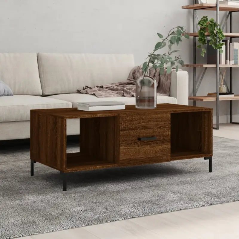 Elegante salontafel met bewerkt hout en ijzeren poten in hoogglans wit - bruin eikenkleur / 1 - Salontafels